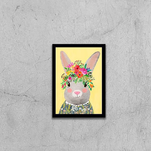 Quadro Ilustração Infantil Coelhinha Com Flores 24x18cm