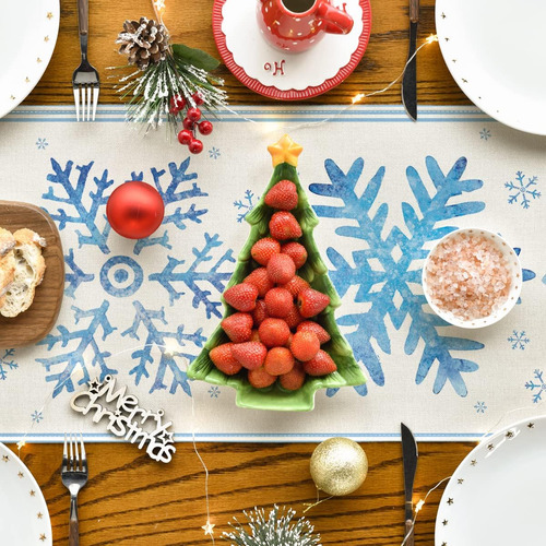 Camino De Mesa Con Diseño De Copos De Nieve 13 X 108 Inch Blue Navidad