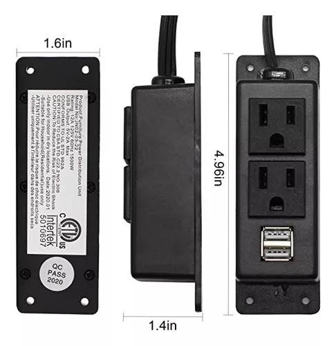 Regleta de alimentación con USB, toma de corriente de escritorio BTU con 2  salidas de CA, 2 puertos USB, cable de extensión de 6.56 pies, montaje