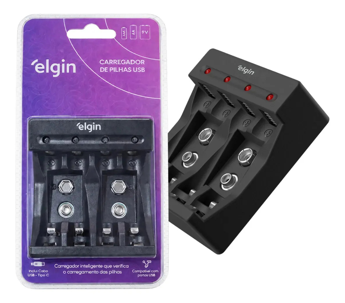 Carregador de Pilhas Elgin USB-C para AA, AAA e 9V com Indicador de Carga