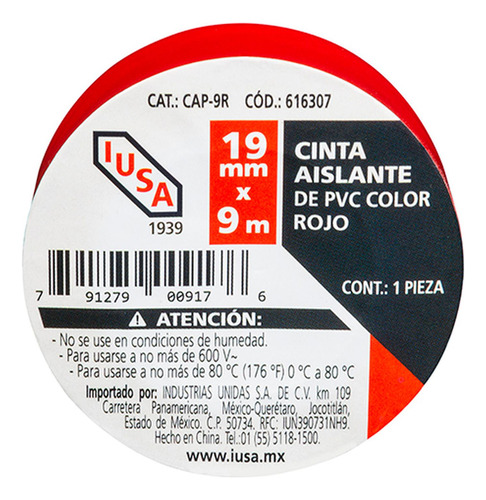 Cinta Aislante 19 Mm X 9 M Roja Rojo