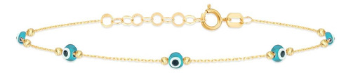 Pulsera Con Estación De Mal De Ojo Azul De Oro Real De 14 K 