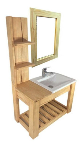 Mueble para baño DF Hogar Colgante con estantes + bacha + espejo de 60cm de ancho, 100cm de alto y 33cm de profundidad, con bacha color blanco y mueble nogal claro con un agujero para grifería
