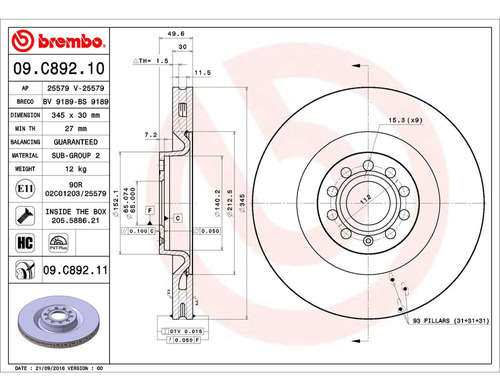 (1) Disco Freno 345.00 Del Izq/der Passat Cc 10/12 Brembo