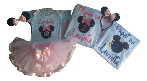 Roupinha Minnie Rosa Com Camisetas Papai E Mamãe