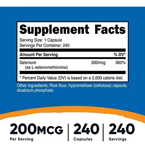 Nutricost Selênio 200mcg, 240 Cápsulas Vegetarianas, Não Ogm