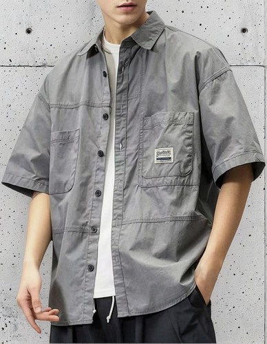 Camisa Cargo Tipo Cárdigan Con Pecho Para Hombre