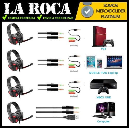 Imagen 5 de 10 de Auricular Gamer Led Microfono Ideal Gaming Pc Ps4 Xbox Cuota