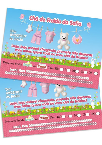 Imagem 9 de 9 de Convite Chá De Bebê Menina Digital Virtual Fralda Ursinho