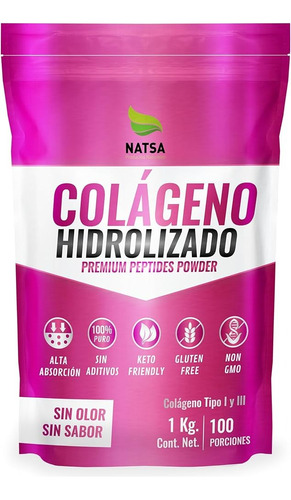 Natsa Colageno Hidrolizado Puro, Premium, 1 Kg Sabor Sin Sabor