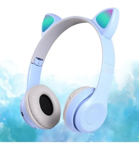 Audifonos Orejas De Gato Led Diadema, Audífonos Inalambricos Color Celeste