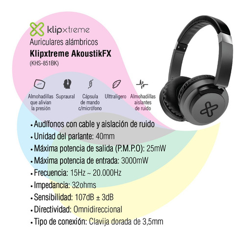 Imagen 2 de 6 de Auriculares Klipxtreme Akoustikfx Khs-851bk Negro Cuo