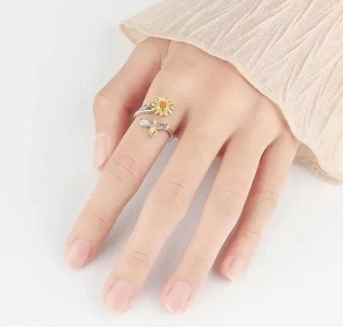Anillo Antiestrés Girasol Giratorio Mujer Moda Color Plata