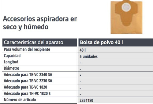 Imagen 2 de 3 de Bolsa Para Aspiradora Einhell Te-vc 2340 X 5 Unidades Dgm