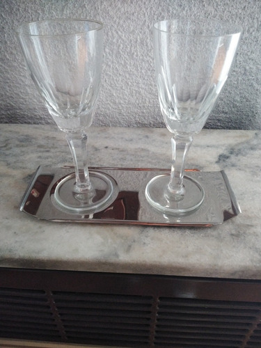 Imagen 1 de 3 de 2 Copas Cristal Vino Licores + Bandeja Acero Inoxidable /