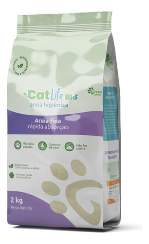 Areia Higiênica Cat Life Bio Grãos Finos 2kg de peso líquido