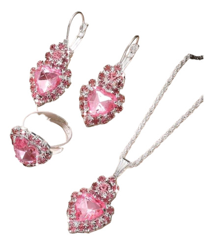 Juego De Joyas 4 Piezas Rosa En Forma De Corazón Para Mujer 