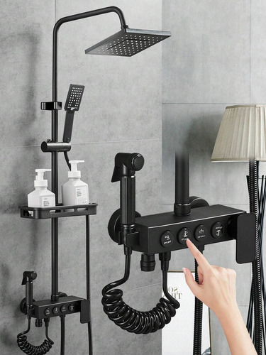 Ducha columna push boton KY20 color negro mate 3 engranajes 4 funciones plato de ducha rectangular 20x20cm
