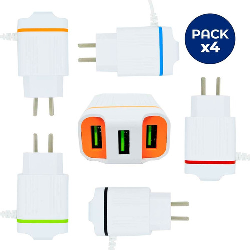 Pack X 4 Cargador Celular Micro Usb 3.1a + 2 Salidas Usb  