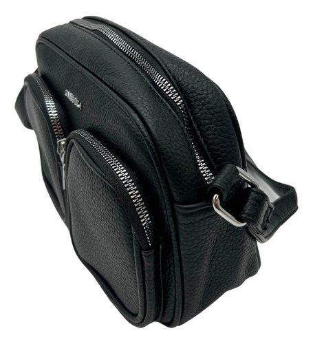 Crossbody Con Doble Compartimento Frontal Negro Lisa Níquel Negro