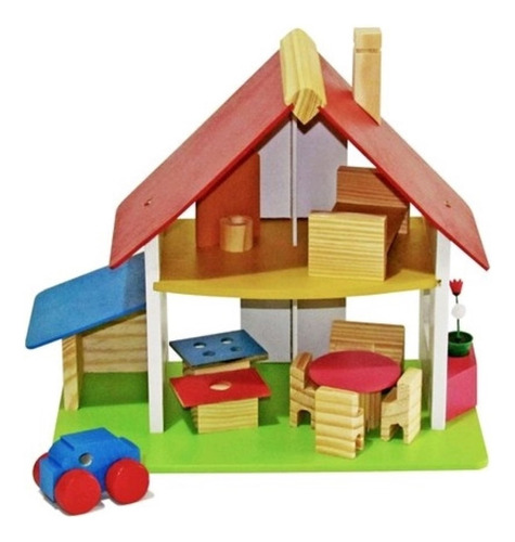 Casinha De Boneca Mini Chalé Com Garagem - Wood Toys Cor Colorida
