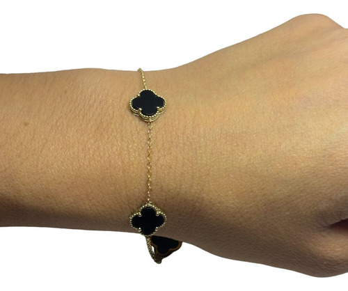 Pulseira Portuguesa Ouro 18k 750 5 Trevos Ônix 12 Mm