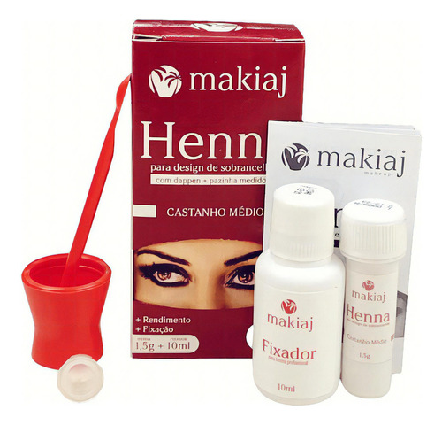 Kit Sobrancelha Henna Makiaj Com Pincel Chanfrado E Navalha Cor Castanho Médio