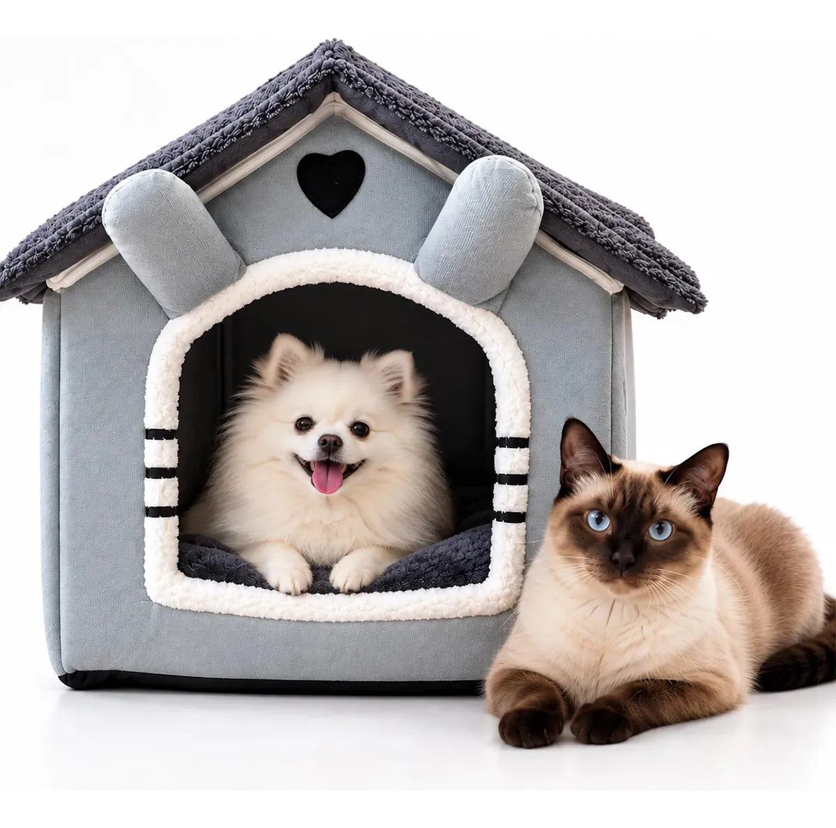 Casinha Cama Pet Macia Pelúcia Cinza Cabana Tenda Cães Gatos