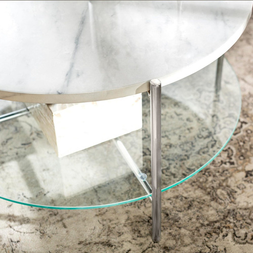 Mesa De Centro De Metal, Vidrio Y Mármol Walker Edison Color Blanco / Cromado