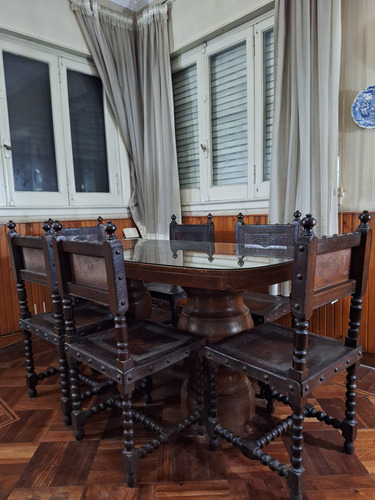Excelente Juego De Comedor Estilo Español Marrón Oscuro Cuero