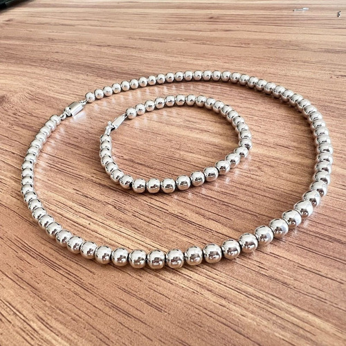 Collar Y Pulsera De Plata .925 Bolitas 6mm Set Mujer Agálea