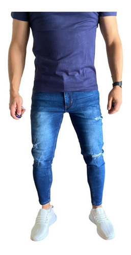 Jeans Destroyed Súper Slim Fit Ankle Fit Azul 