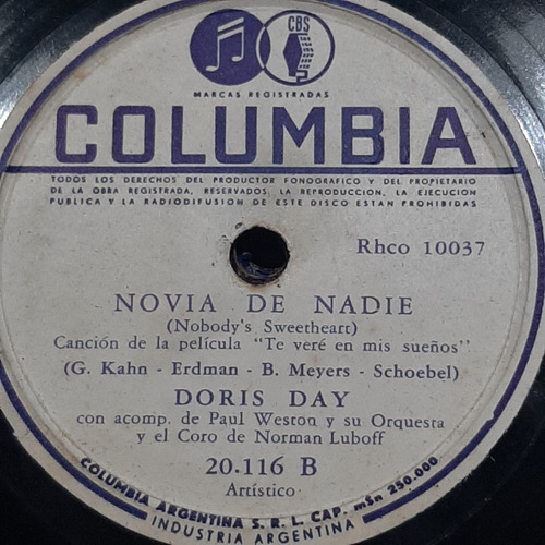 Pasta Doris Day Acomp Paul Weston Orquesta Columbia C503