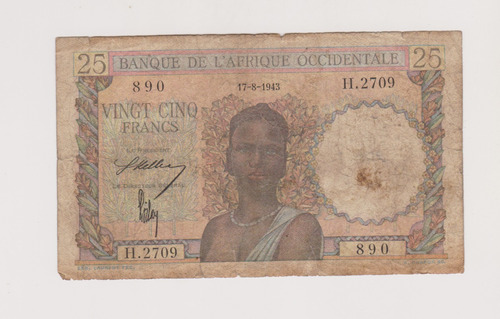 Billete Francia Africa Del Oeste 25 Franco Año 1943 Bueno -