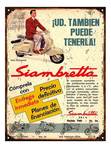Cartel Chapa Publicidad Antigua 1960 Siambretta L249