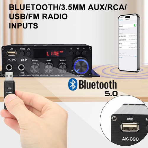 Amplificador Estéreo Bluetooth Usb Hifi Audio Casa Subwoofer Color Negro Potencia De Salida Rms 1.2 Kw