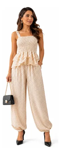 Conjunto Feminino Poá Calça Aladim Blusa Batinha Bolinhas Bege Único