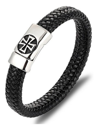 Pulsera Manilla Para Hombre Cruz Fabricada En Cuero Y Acero