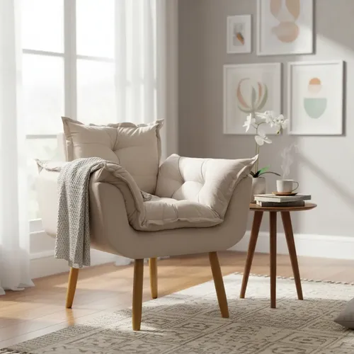 Poltrona Decorativa Amamentação Para Sala Recepção Manicure Confortável Cadeira Reforçada Alice Suede Bege Suede Liso - R$ 203,83