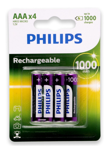 04 Pilhas Aaa 1000mah Recarregável Philips 1 Cartela