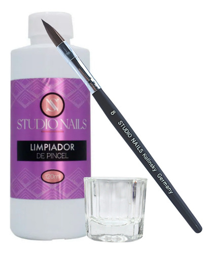 Pincel Para Uñas Nº 8 Studio Nails Limpia Pincel + Pincel + Godete Color Paquete Pack X 3 Unidades