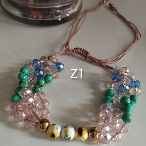 Pulsera Manilla Tres Hilos Con Murano Y Porcelana Estampada