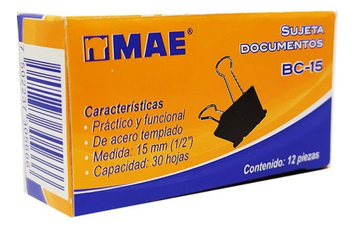 Sujetapapel Mae Bc15 12 Cajas De 12 Piezas C/u 15 Mm Color Negro