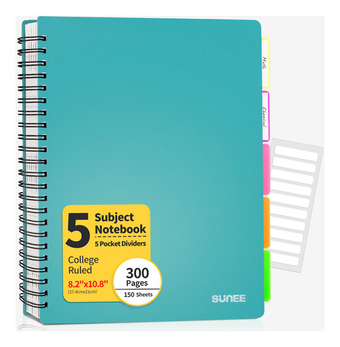 Sunee Cuaderno De 5 Materias Con Rayas Universitarias, 300 P