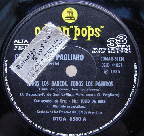 Gian-franco Pagliaro - Todos Los Barcos - Simple Año 1970