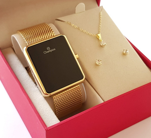 Relógio Champion Feminino Dourado Luxo + Colar E Brincos 18k
