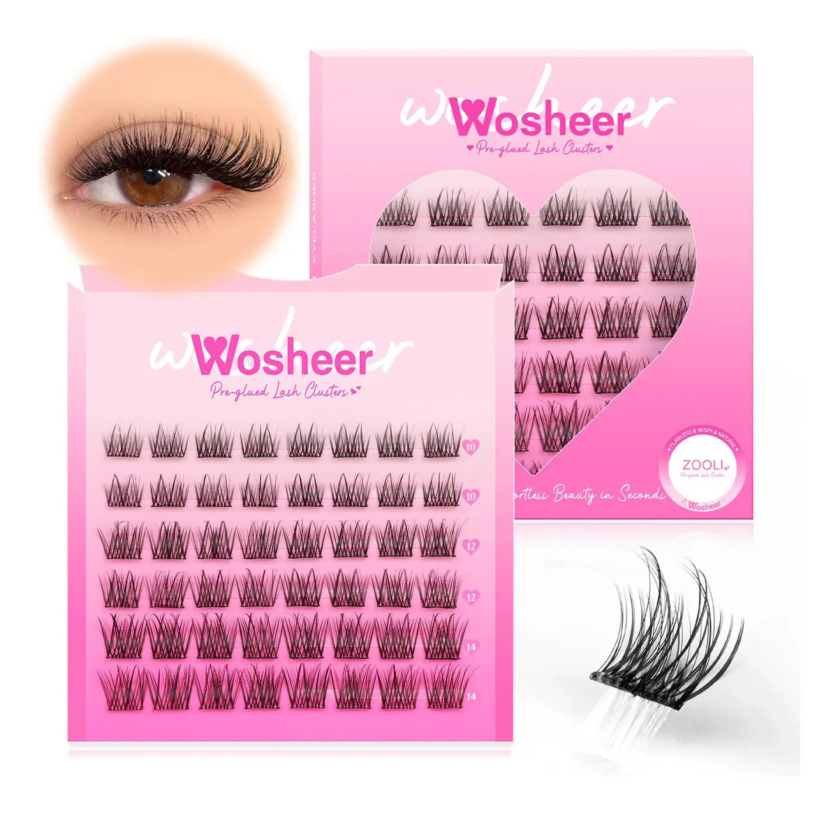 Wosheer Pestañas Postizas Autoadhesivas Diy Extensión De Pestañas pestañas con pegamento incluido 10-14mm longitud mixta curva D Pestañas naturales Adecuado para principiantes (zooli)