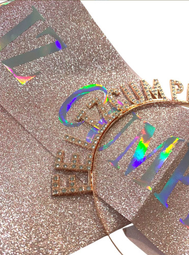 Vincha Frase Con Strass + Banda Iridiscente Feliz Cumpleaños Rosa Gold
