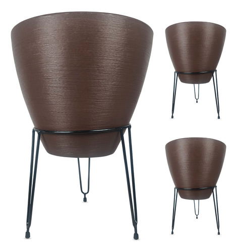 Suporte Tripé Metal Vasos Chão 25cm X 28cm Plantas Flor 3und Cor Preto Liso