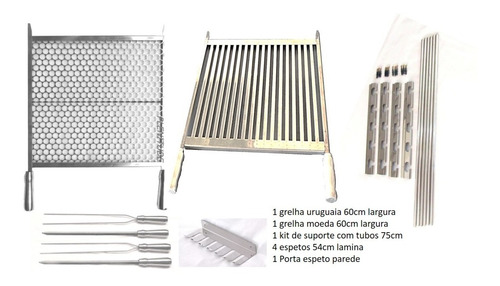 Kit Grelhas 60cm Uruguaia + Moeda + 4 Espetos + Suporte 75tb